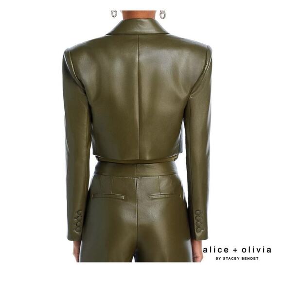 Alice + Olivia Anthony Cropped Olive Vegan Leather Blazer Size M Medium 8 - Picture 2 of 10